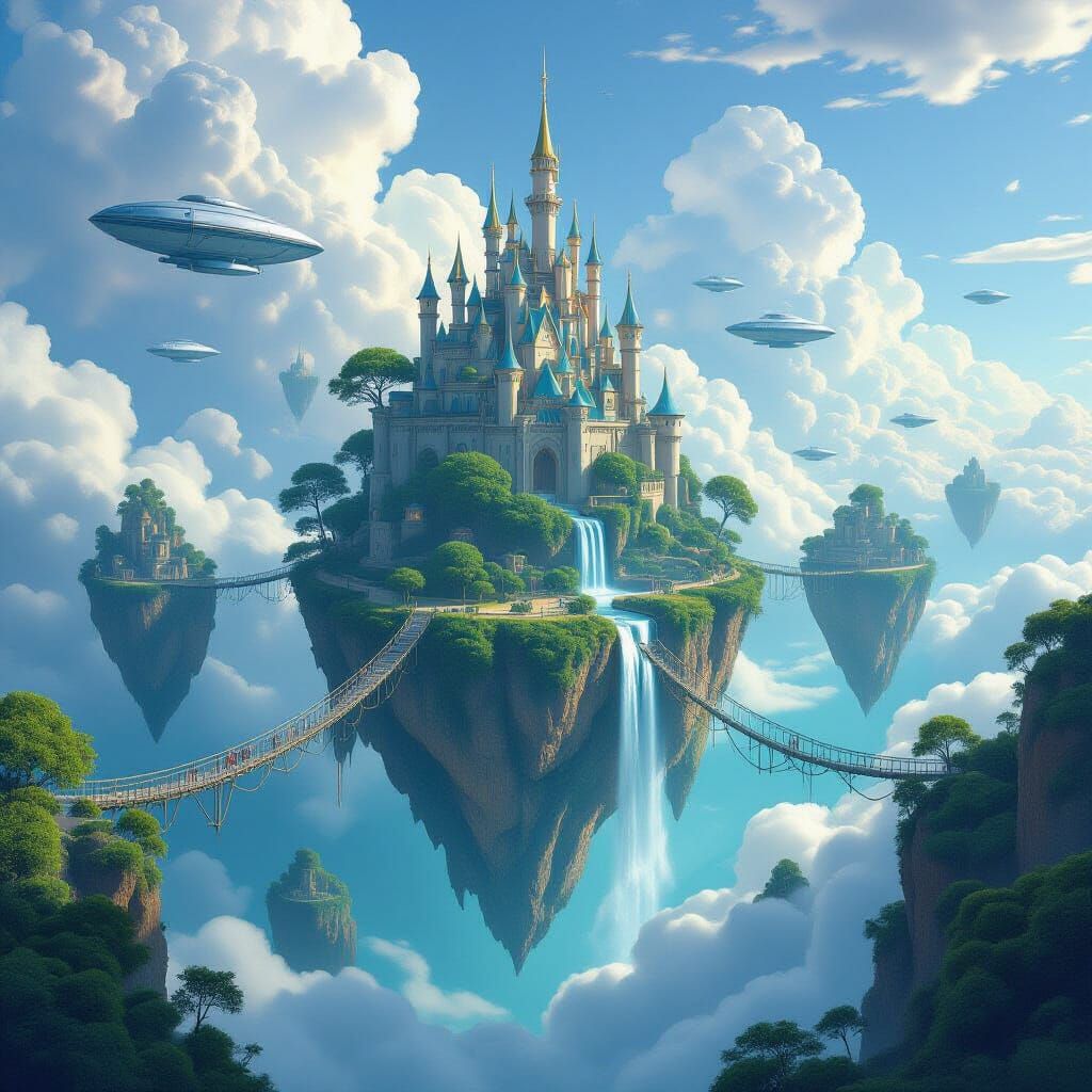 Floating Islands Connected by Bridges with Castle in Space