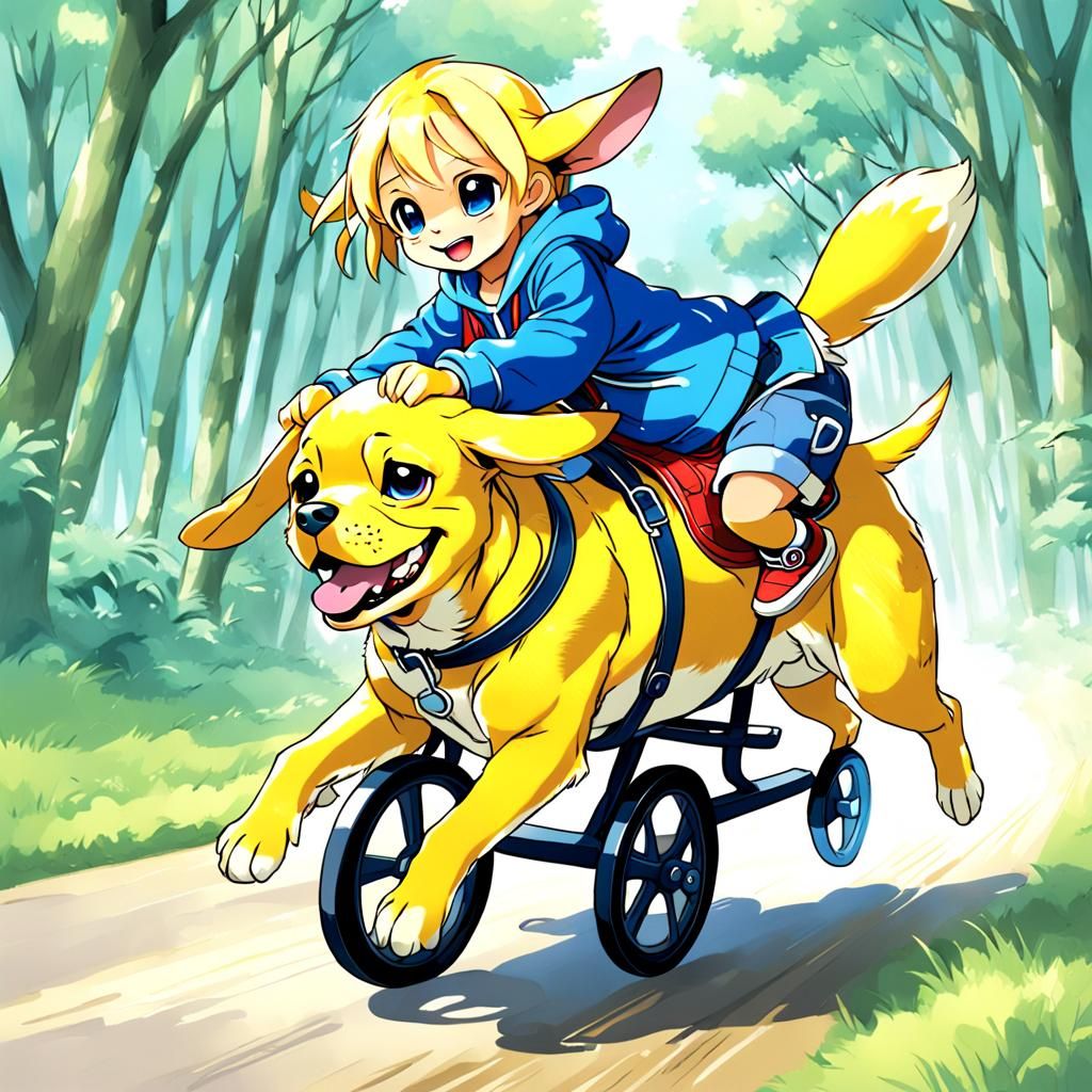 Stitch Rides a Labrador in Anime Style