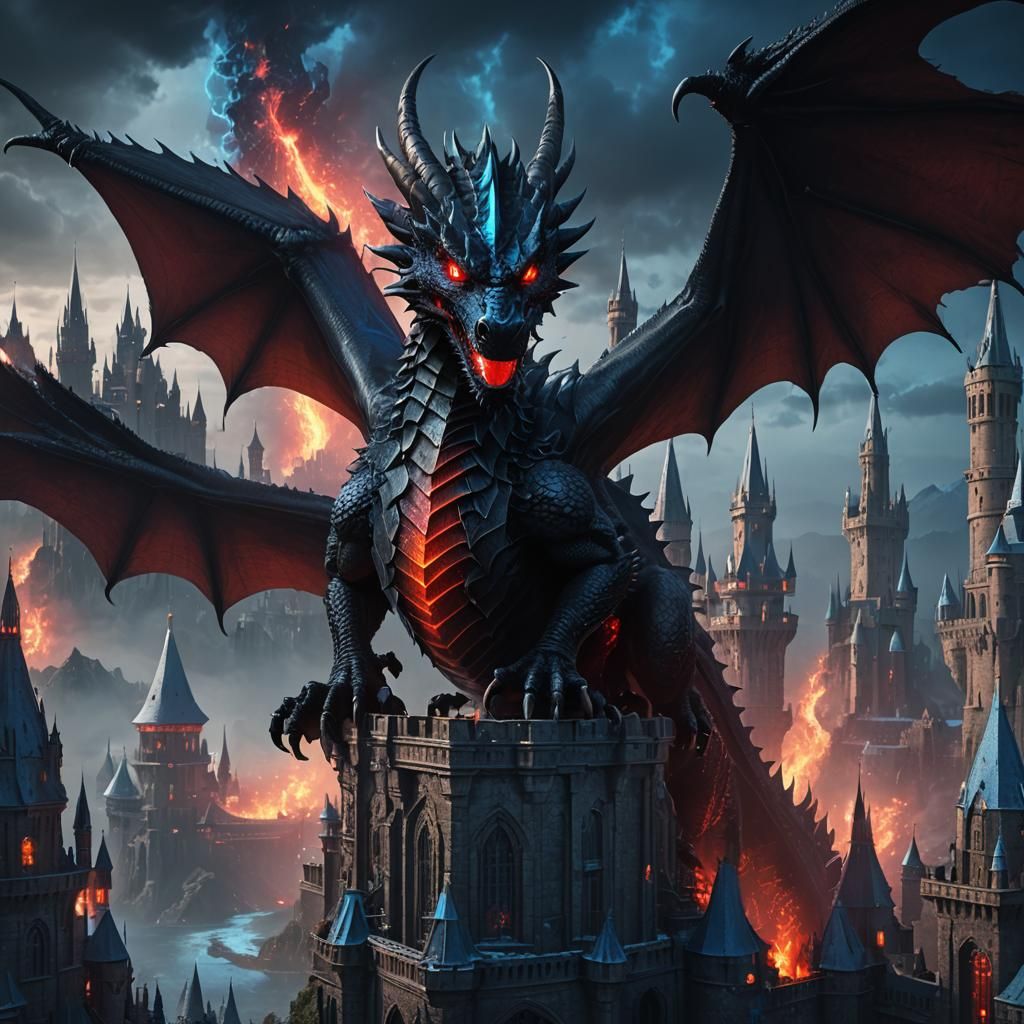 Majestic Black Dragon Above Gothic Castle