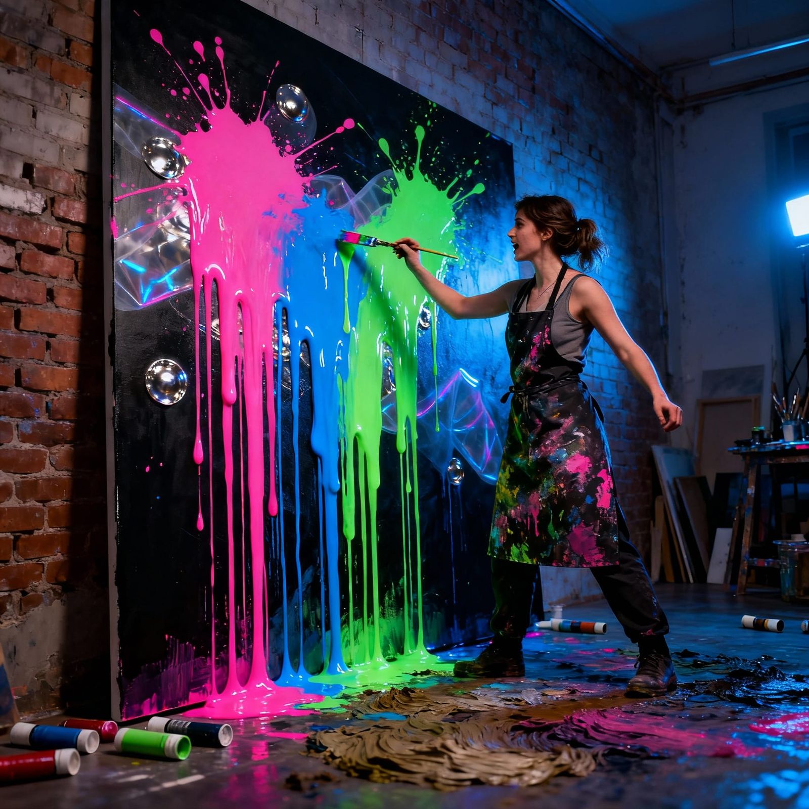 Female Artist Splashing Neon Paint on Big Canvas