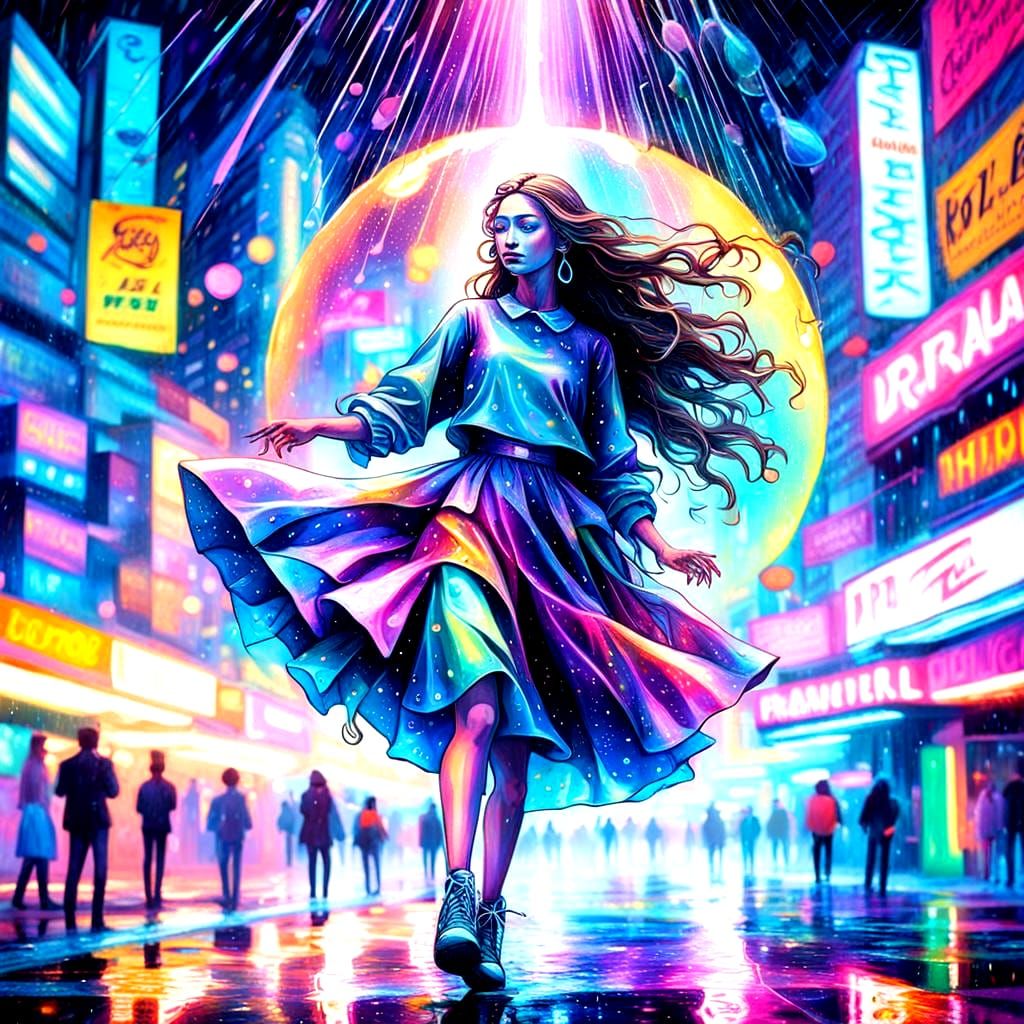 Girl Dancing in Rain: Holographic Cosmic Illustration