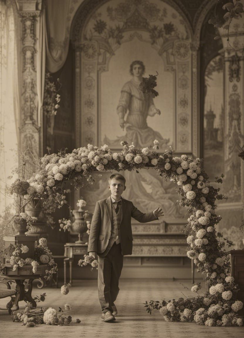 Boy with Flower Crown in Antique Fresco Room
