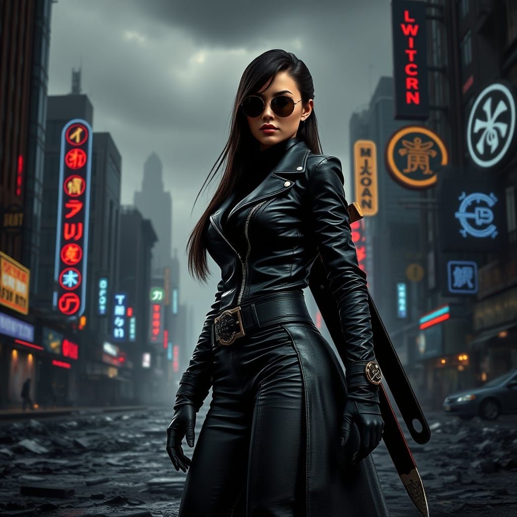 Cyberpunk Woman in Dystopian Cityscape