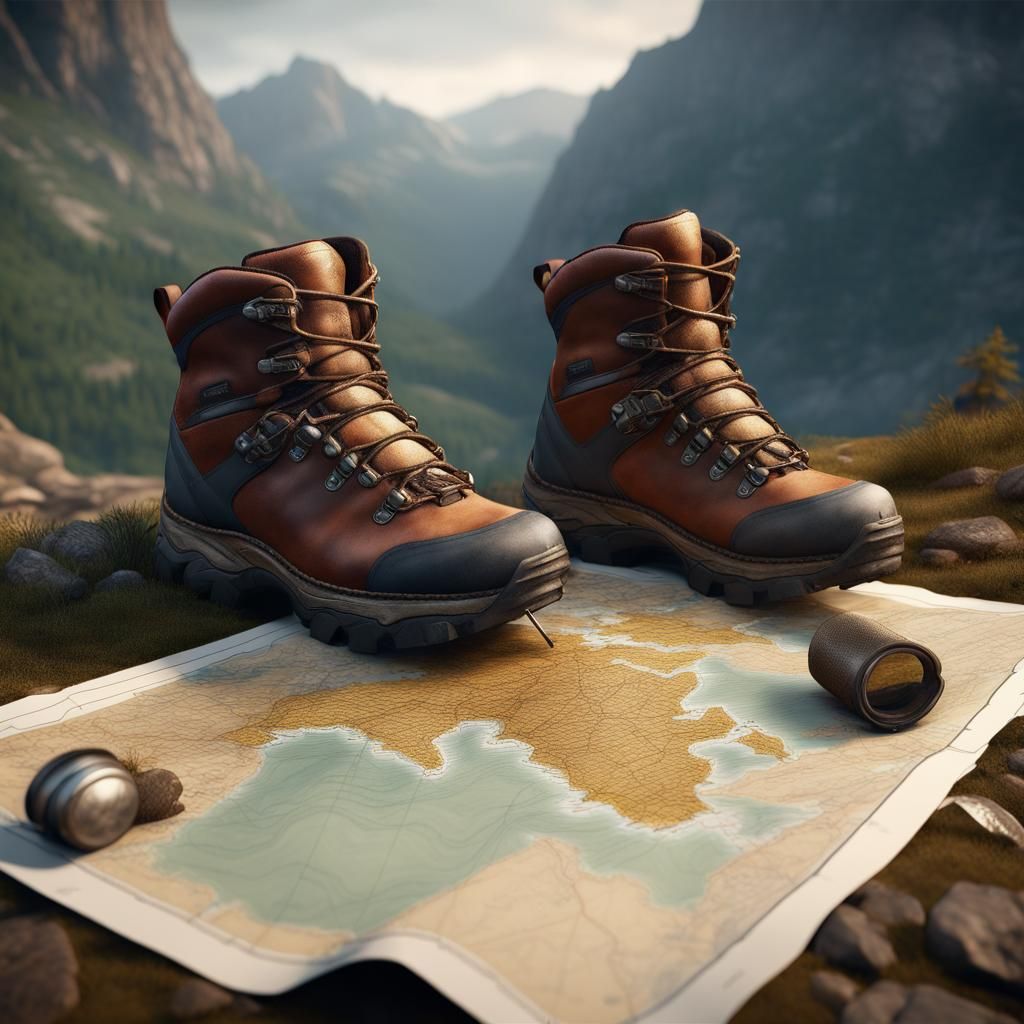 Hiking Boots and Map in Detailed Matte Painting