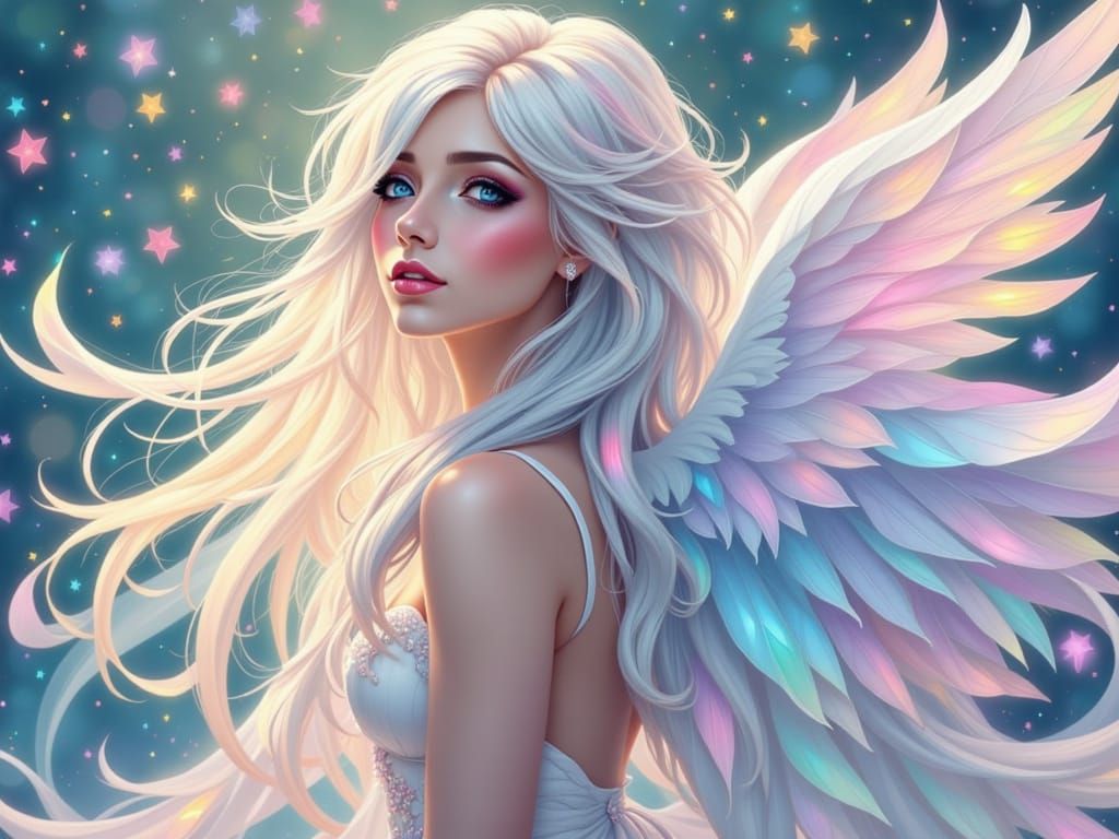 Backlit Angel with Silver Wings in Dreamcore Style