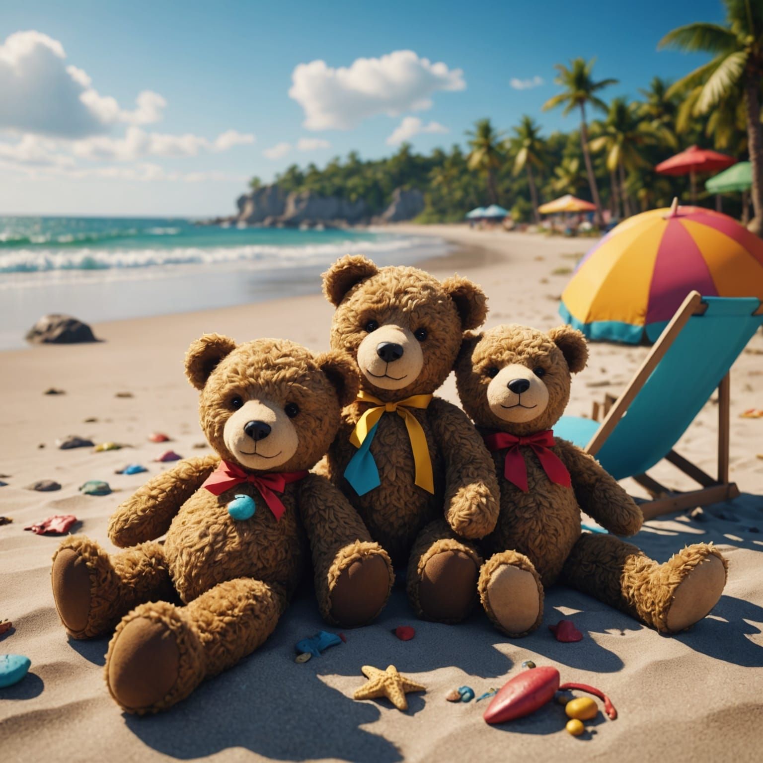 Teddy Bears Sunbathing on Beach, Whimsical Art