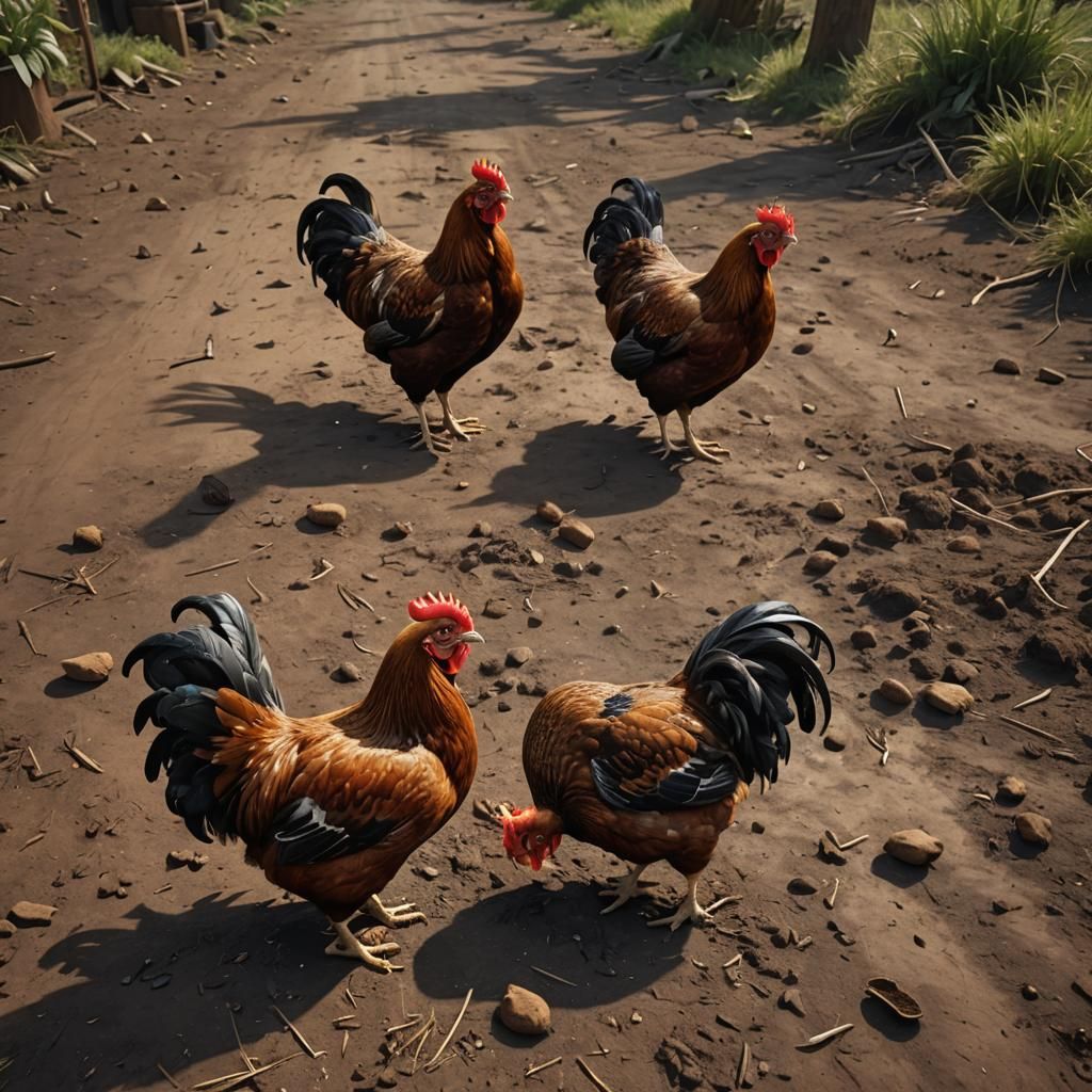 Brown Chickens Pecking: Digital Matte Painting