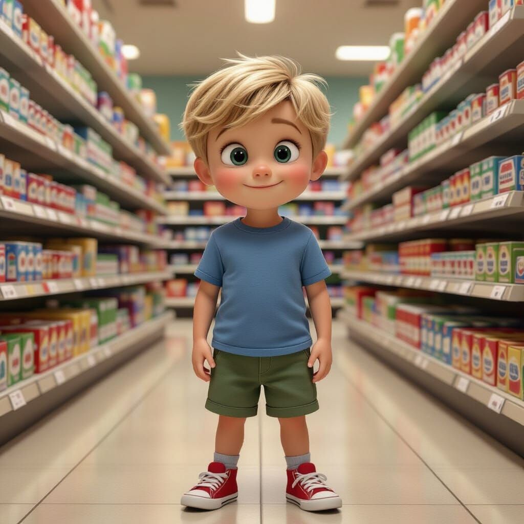 Pixar Style Boy in Vibrant Grocery Store