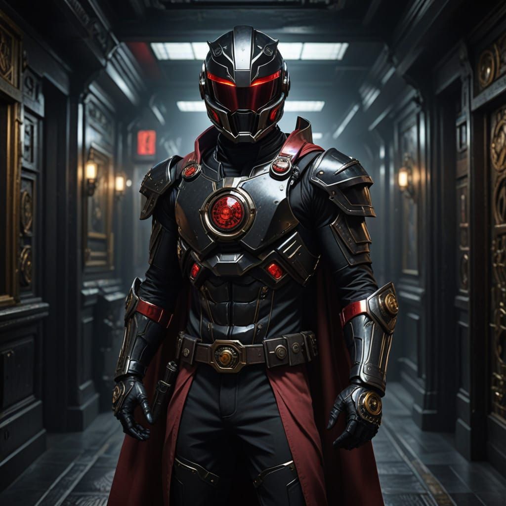 Stoic Steam Punk Superhero in Modern Black Sentai Outfit