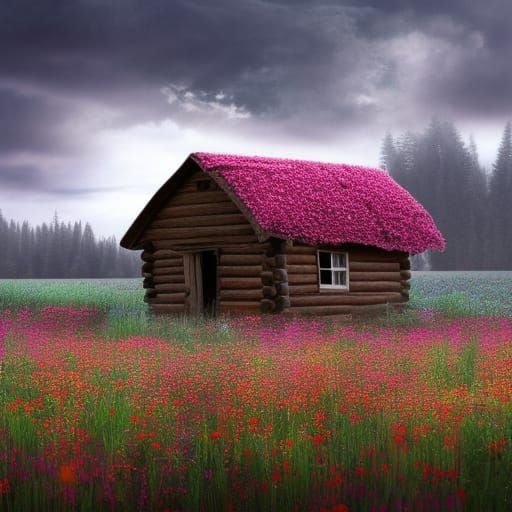 Old Cabin in Wildflower Field: Digital Matte Painting