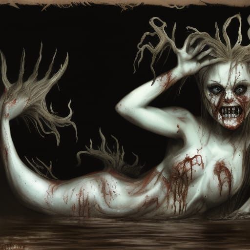 Horrific Zombie Mermaid in Engraving Style