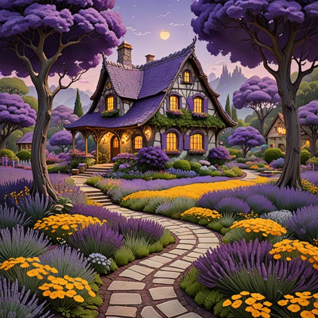 Whimsical Cottage on Floating Purple Leaf Island