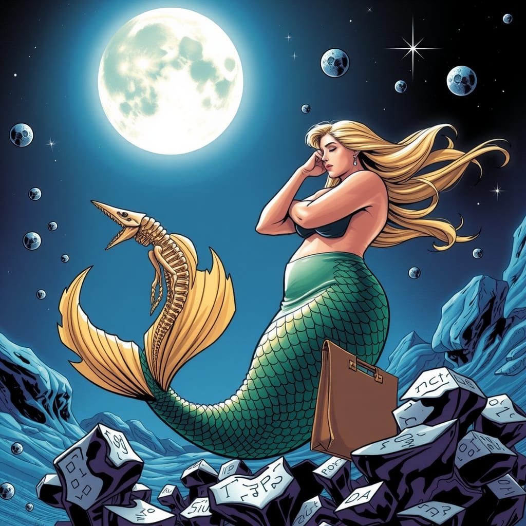 Surreal Mermaid Combing Hair in Dystopian Landscape