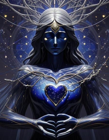 Surreal Lapis Lazuli Heart Statue with Ethereal Faces