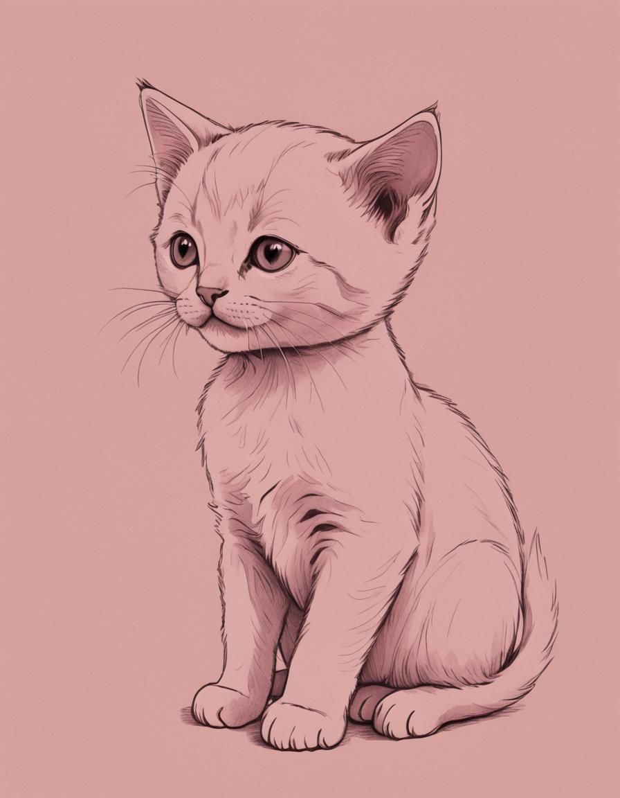 Pink Kitten Simple Line Drawing