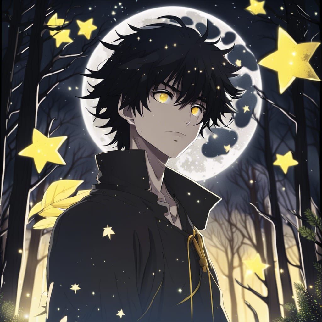 Anime Man in Forest Under Moonlit Sky