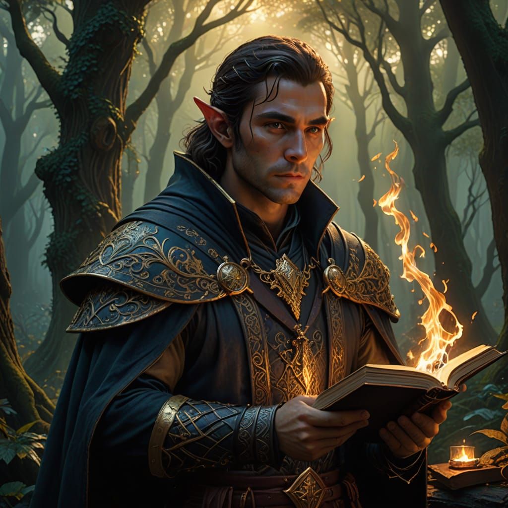 Half Elf Fire Wizard in Mystical Forest at Dusk