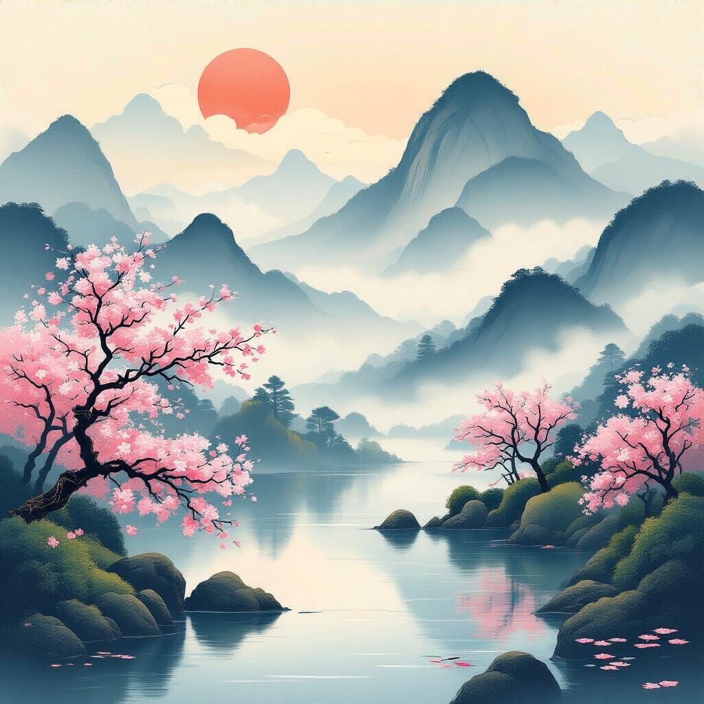 Asian Landscape with Cherry Blossoms in Ukiyo-e Style