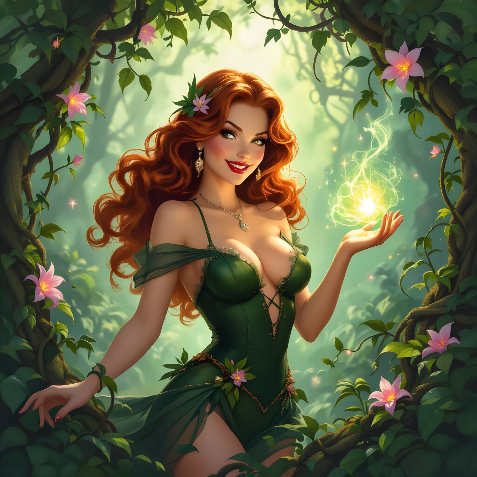 Vintage Pin-Up Sorceress Casting Spell in Enchanted Forest
