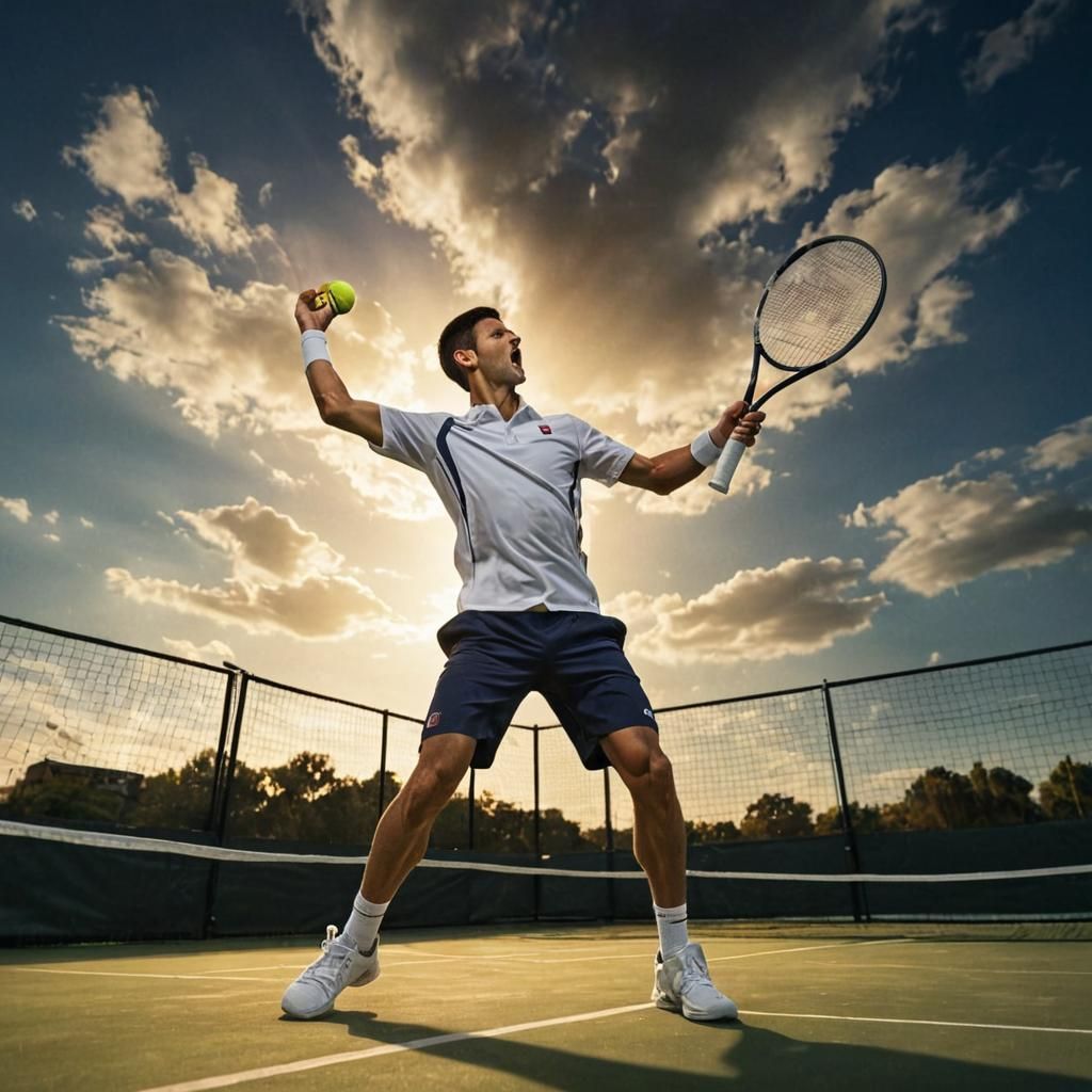Djokovic esta en el ocaso de su carrera con su raqueta en la mano saltando para un remate sobre una cancha de tenis, gol...