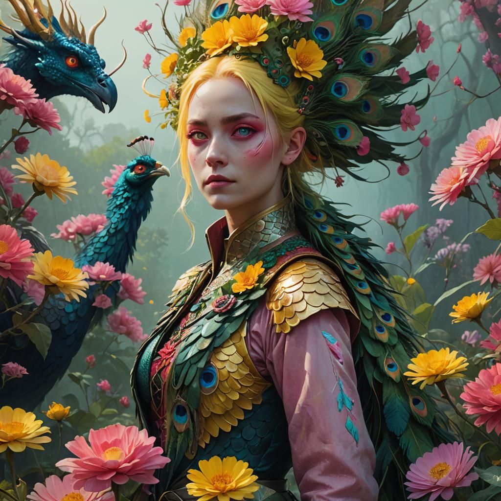 Vibrant Dragon-Peacock Woman in Digital Fantasy Art