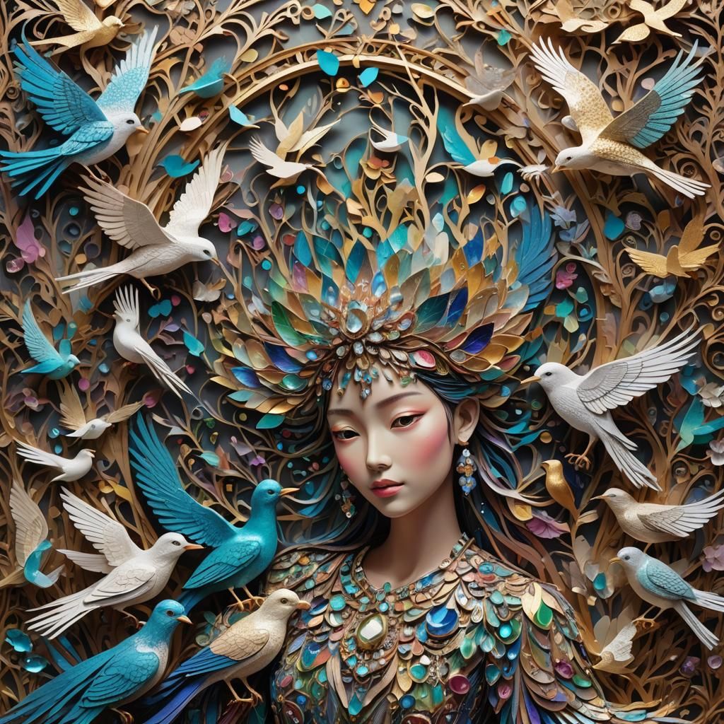 Detailed Paper-Craft of Humans and Birds in Harmony