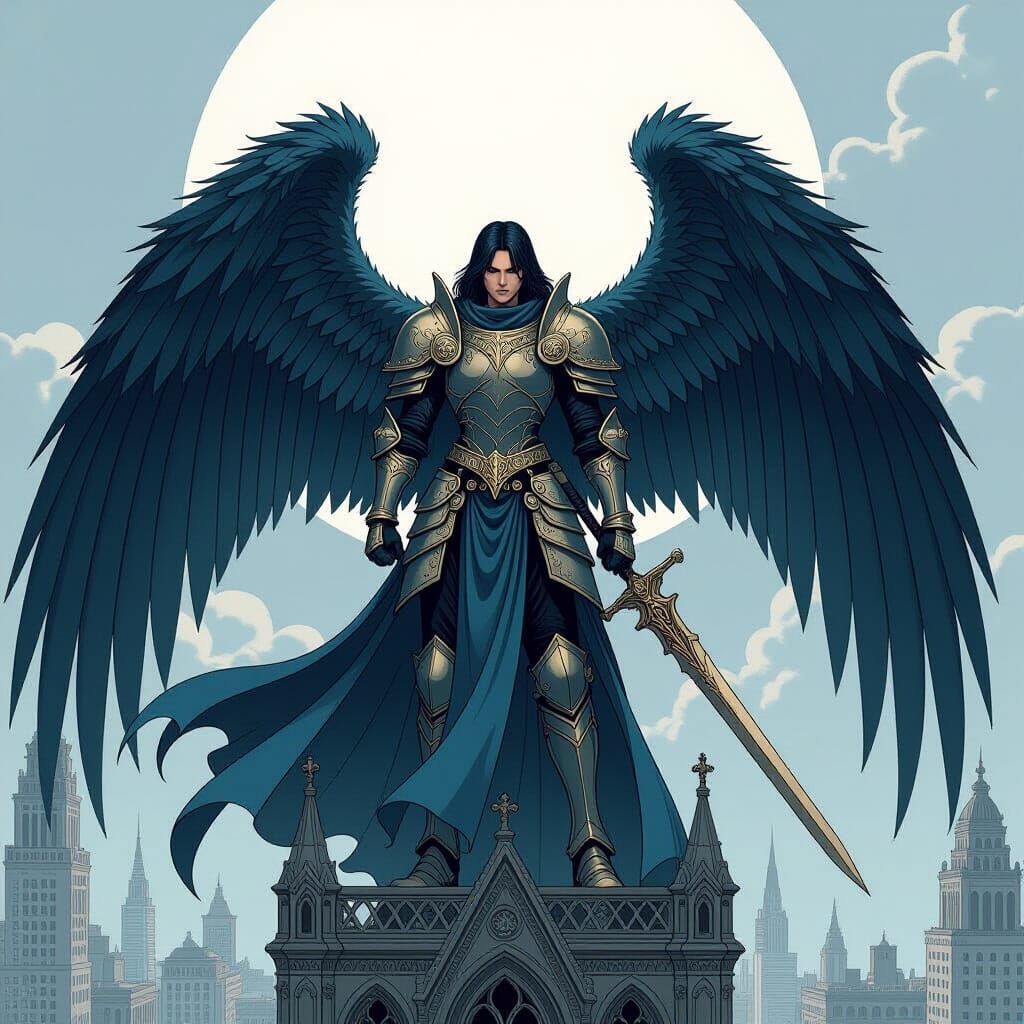 Angelic Warrior on Gothic Cathedral, Manga Style