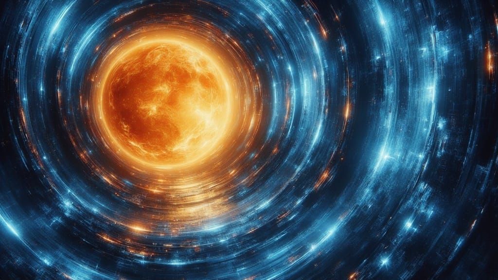 Retro Futuristic Scene with Burning Orange Balls and Swirlin...