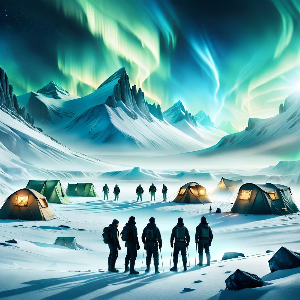 Icy Landscape Camp with Aurora Borealis