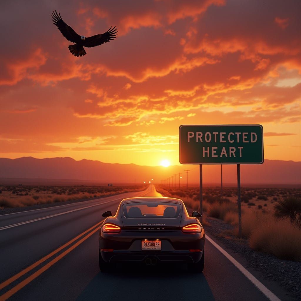 Eagle Soars Over Sunset Desert Highway in Cinematic Style