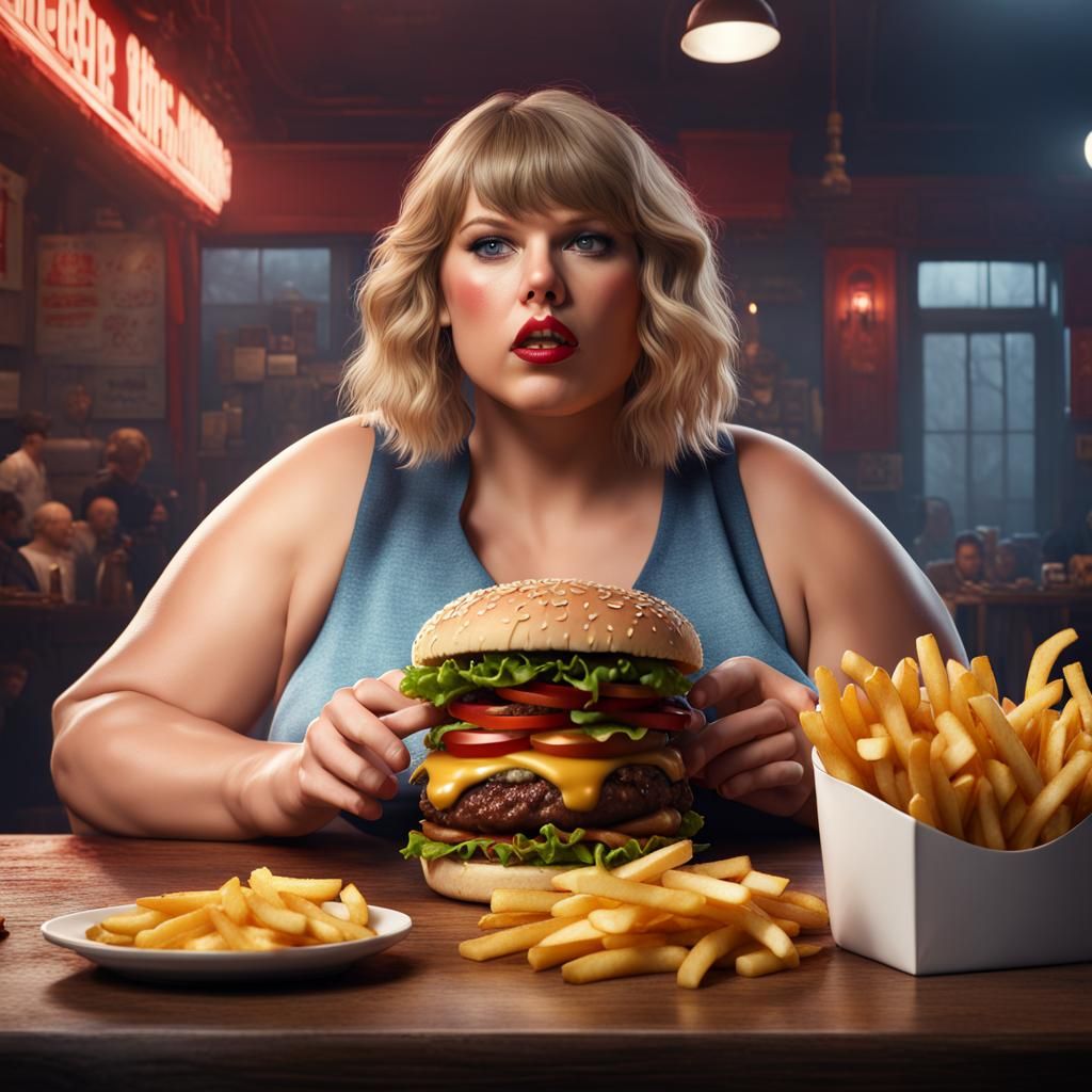 Morbidly Obese Woman Eating Burger: Detailed Digital Art
