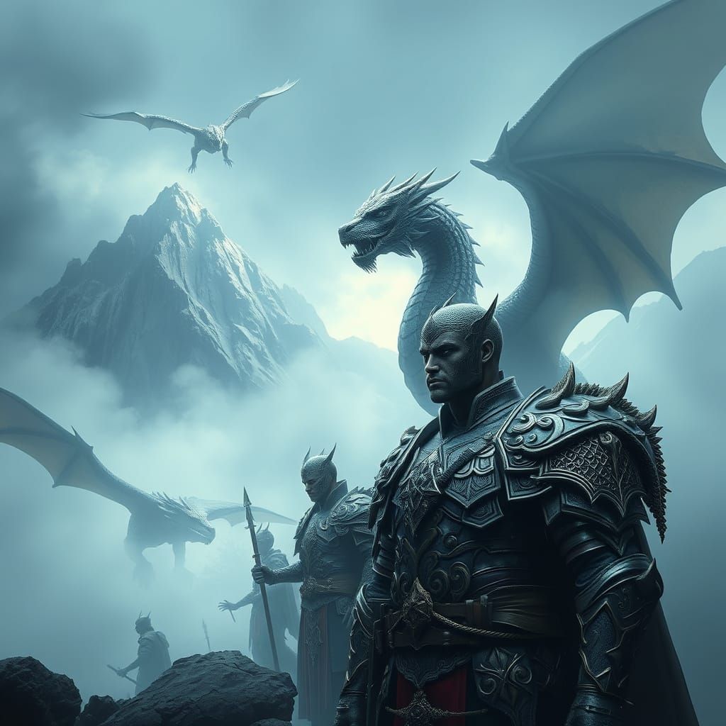 Surreal Land of Dragons and Heroes in Ethereal Mist