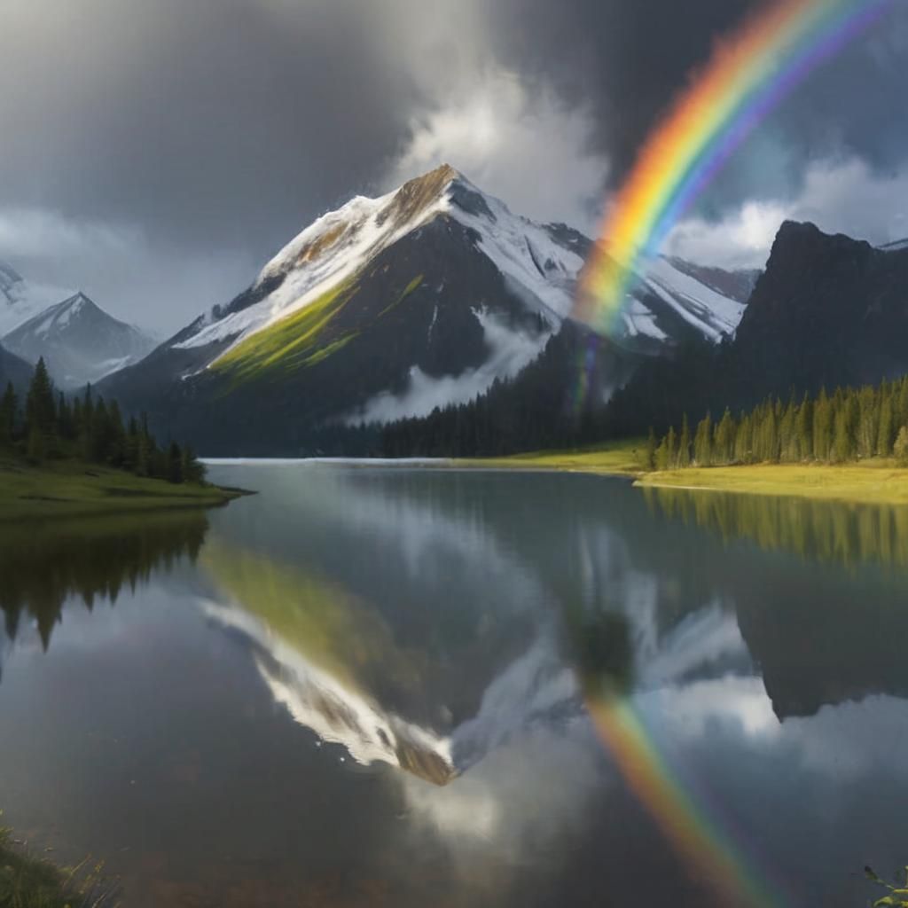 Vivid Rainbow Reflected in Serene Mountain Lake
