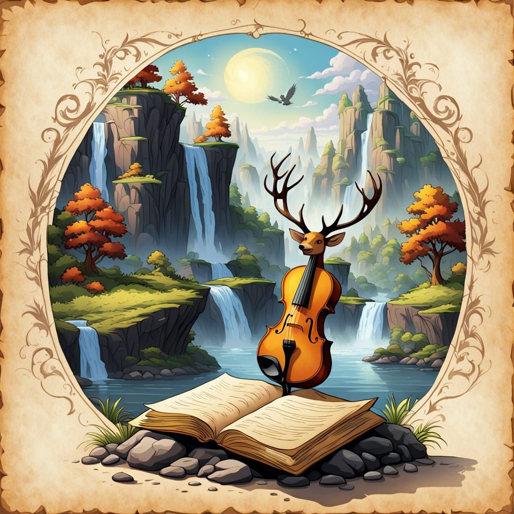 Surreal Landscape on Illuminated Parchment in Vibrant Colors