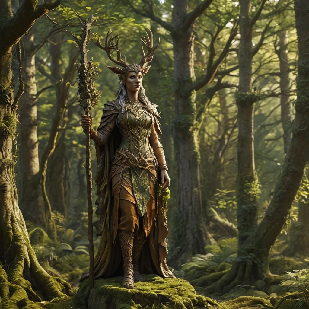 Moss-Covered Druid Statue in Woodland Grove