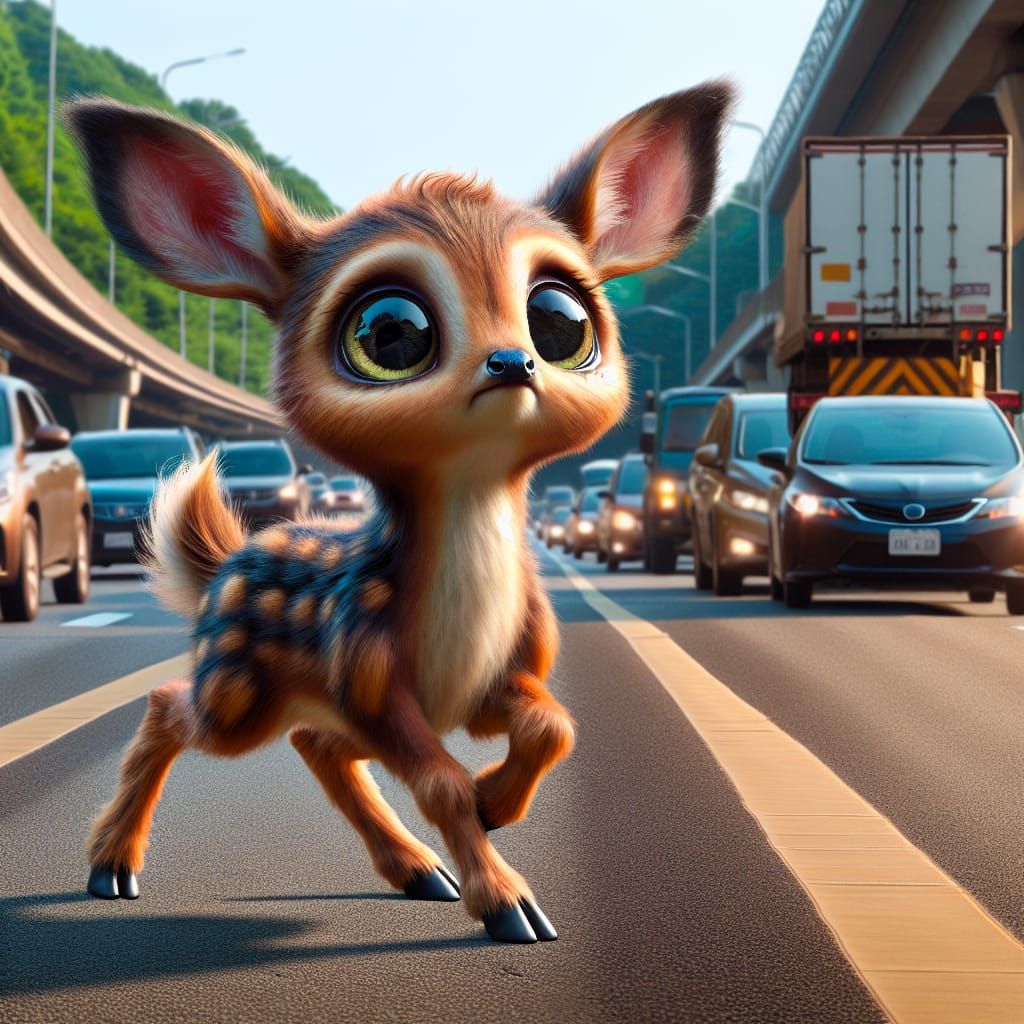 Deer-like Creature Crossing a Busy Highway