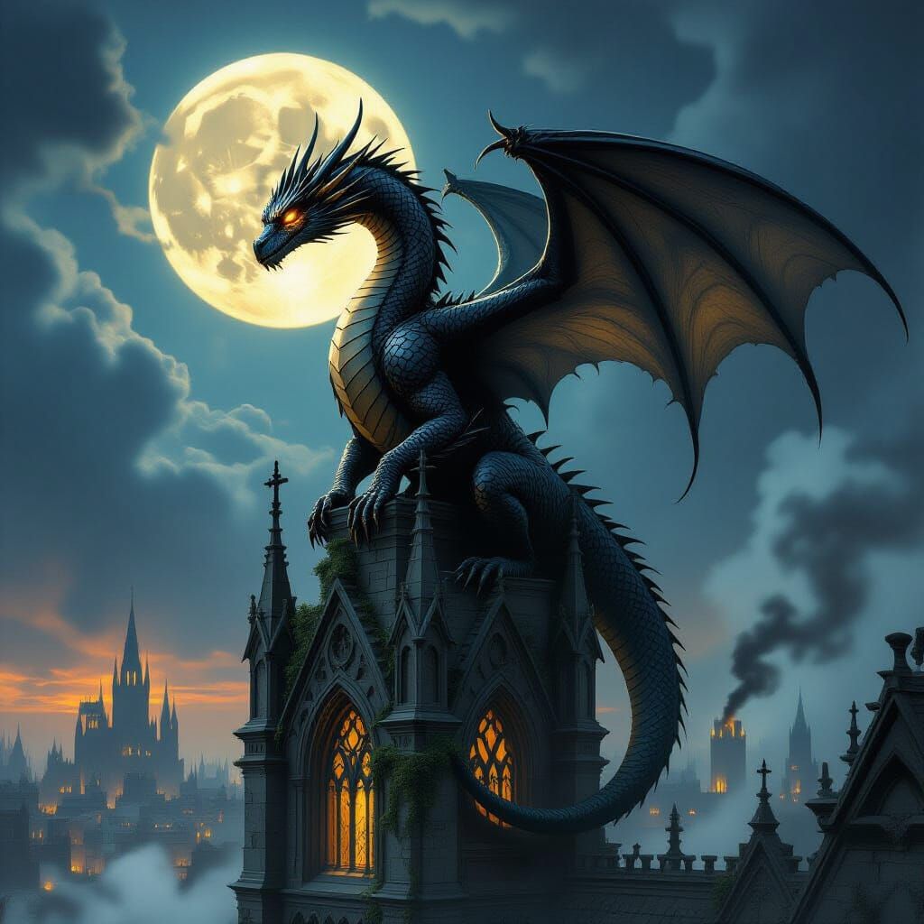 Ancient Dragon Guards Gothic City Under Moonlight