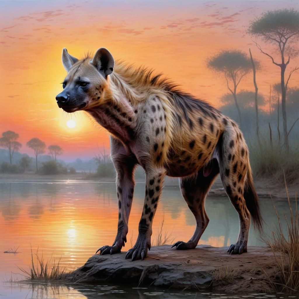 Hyena Emerging from Lake at Sunrise in the Style of Luis Roy...