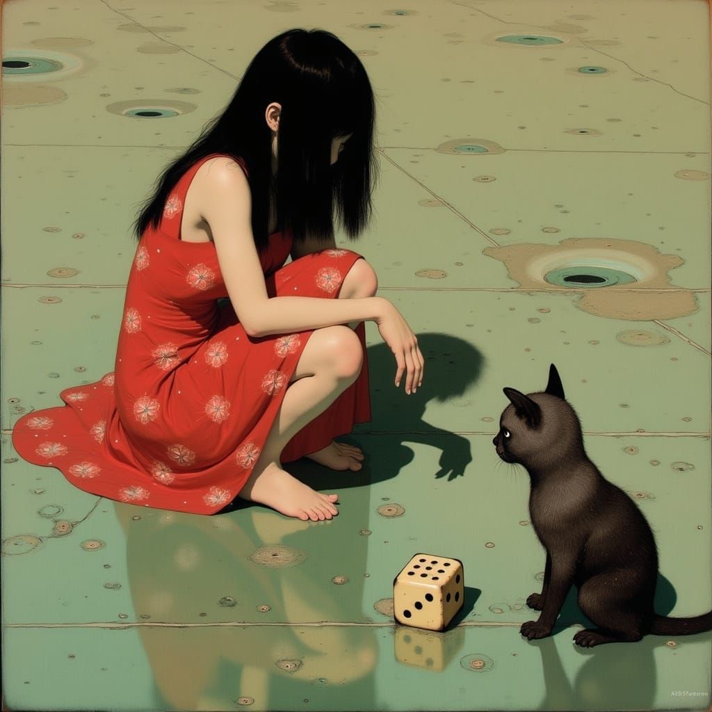 Serene Japanese Woman Rolls Dice in Vintage Ambiance