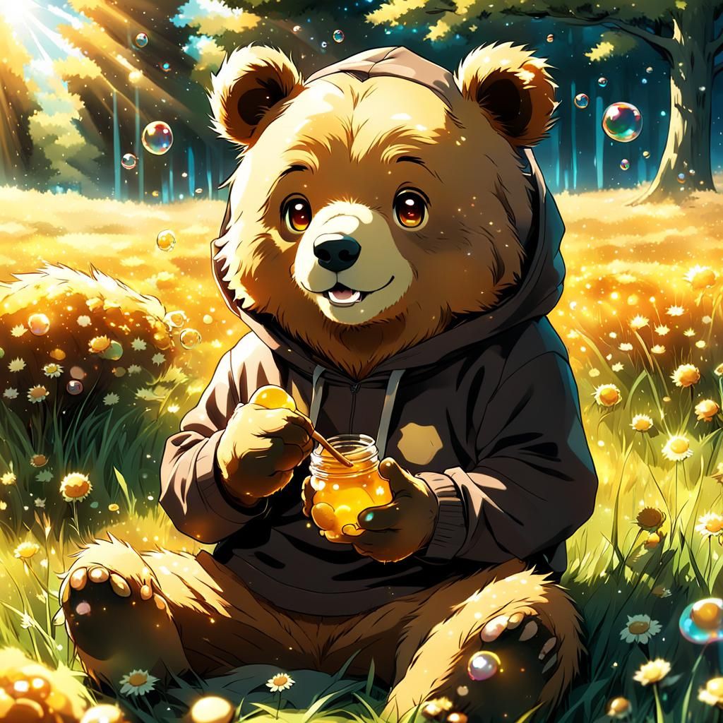 Cute Anime Bear Eating Honey in Sunny Meadow