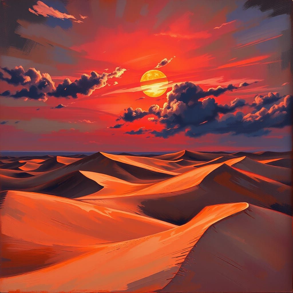Sahara Desert Under Blood Moon in Romantic Style