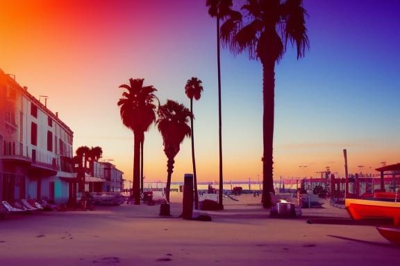 Venice Beach Sunset in Synthwave Neon Style