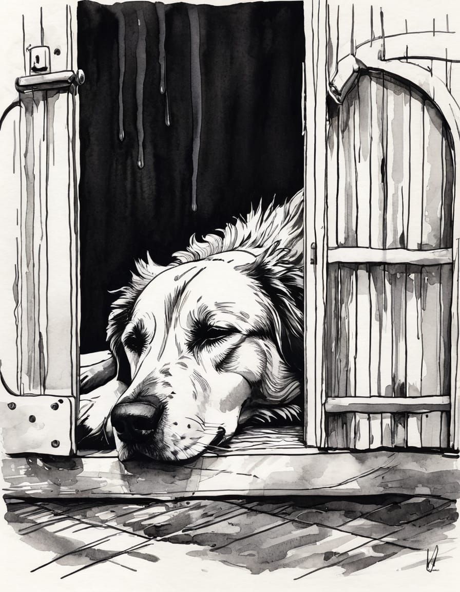 Cozy Dog in Kennel: Ink Illustration