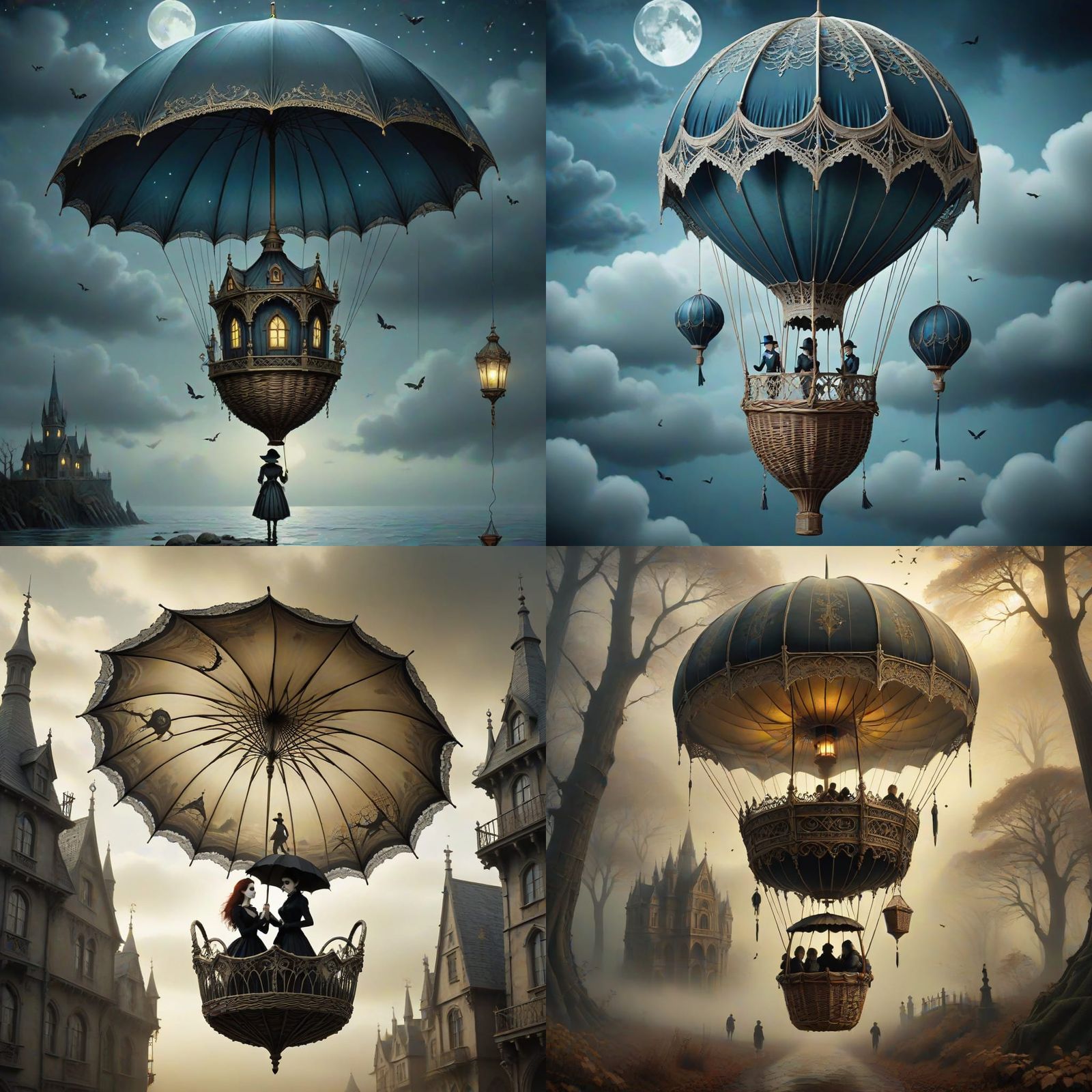 A flying air balloon with the balloon made up of an elaborate Beautiful antique Victorian umbrella