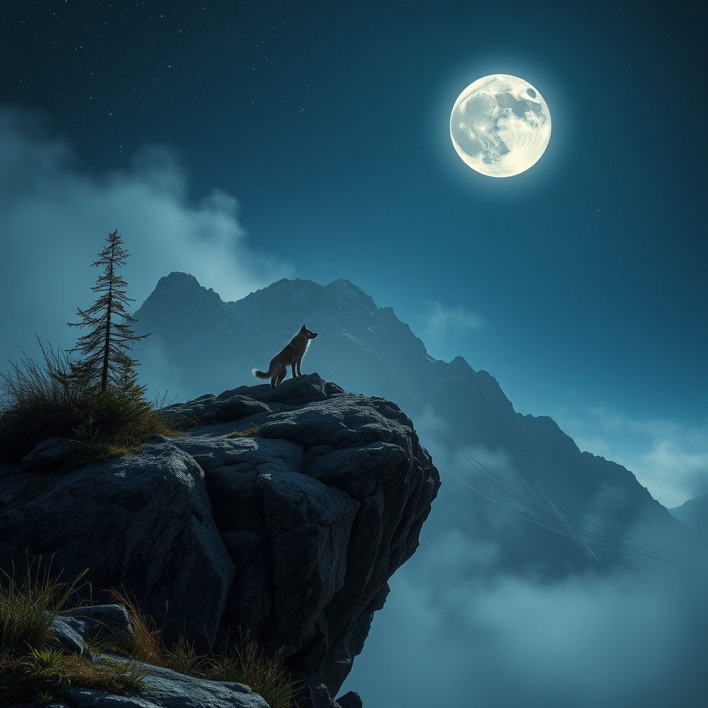 Wolf Howling at Moonlit Mountain: 4K Resolution