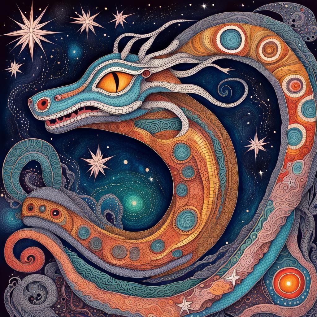 Mystical Aboriginal Serpent in Cosmic Dreamscape