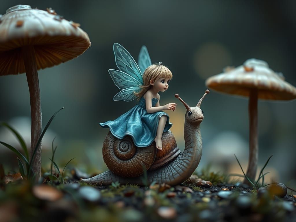 Fairy Riding Snail Under Mushrooms with Bokeh