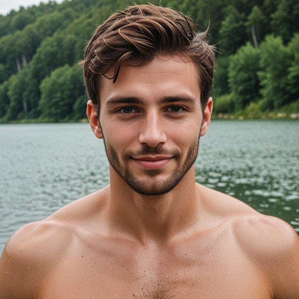Beautiful Man with Sensual Smile in Lake