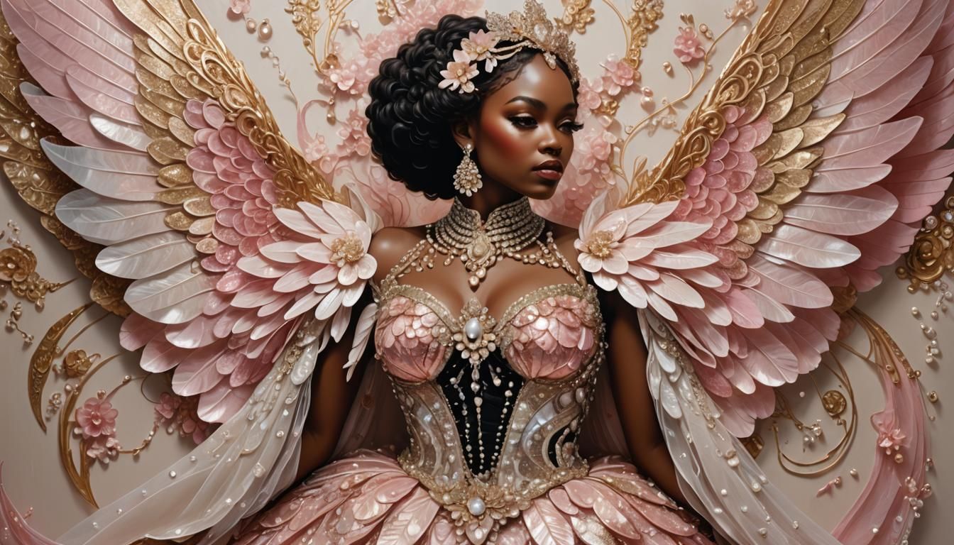 Ornate Wings: Elegant Woman in Fantasy-Themed Digital Art