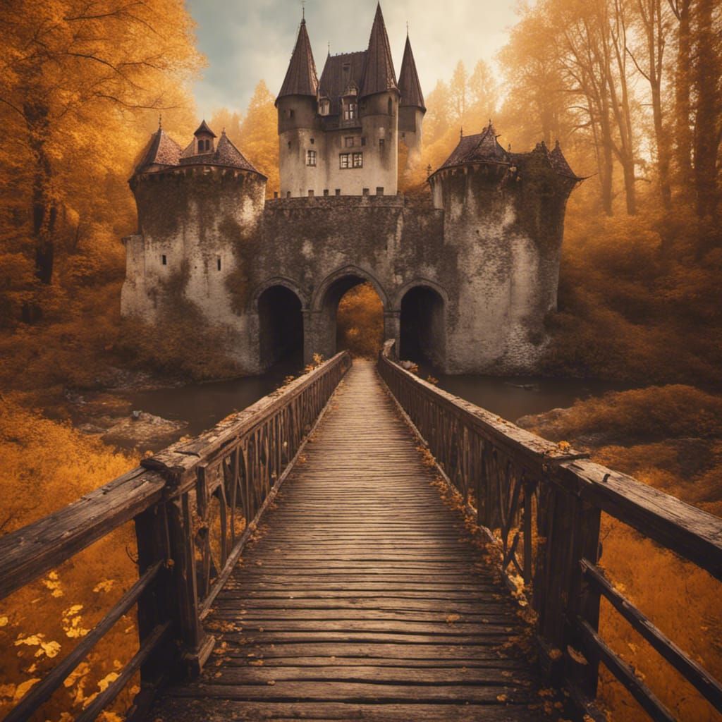 Creepy Bridge to Castle in Autumn, Hyperrealistic Photograph...